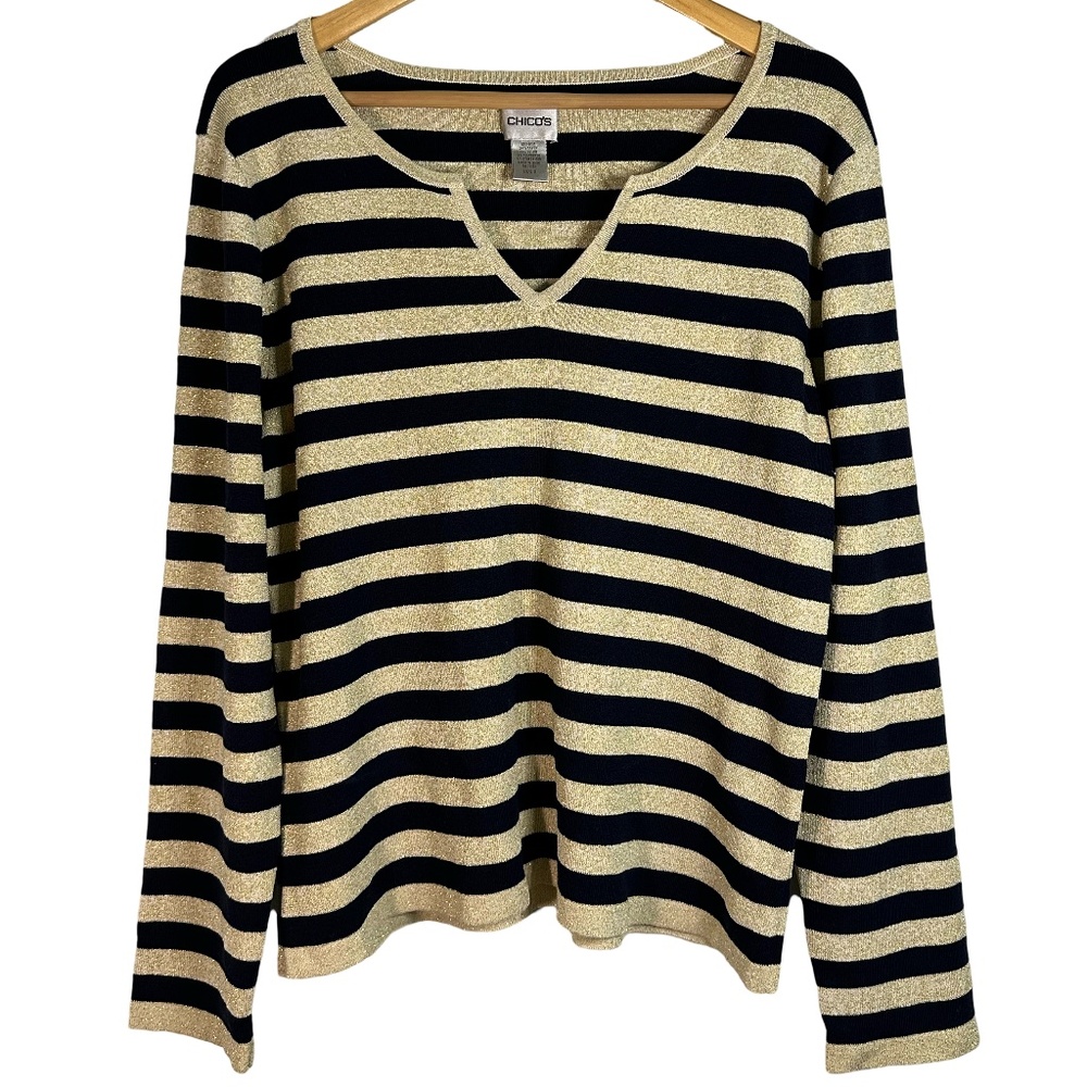 Chico’s Size 3 Gold Metallic Thread and Navy Striped Sweater V‎ Neck Cutout